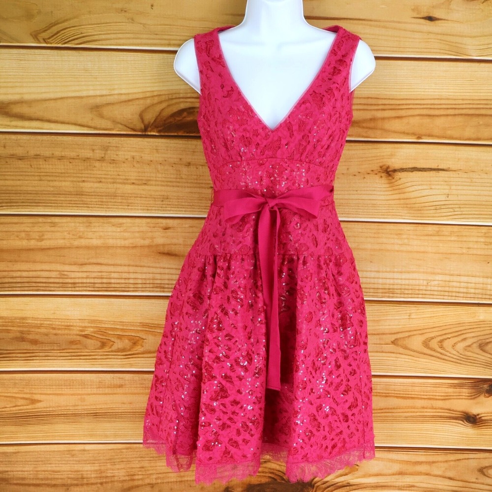 BCBGMAXAZRIA Fit &‎ Flare Dress Open Back Womens 2 Pink Sequins Belted NWT $348
